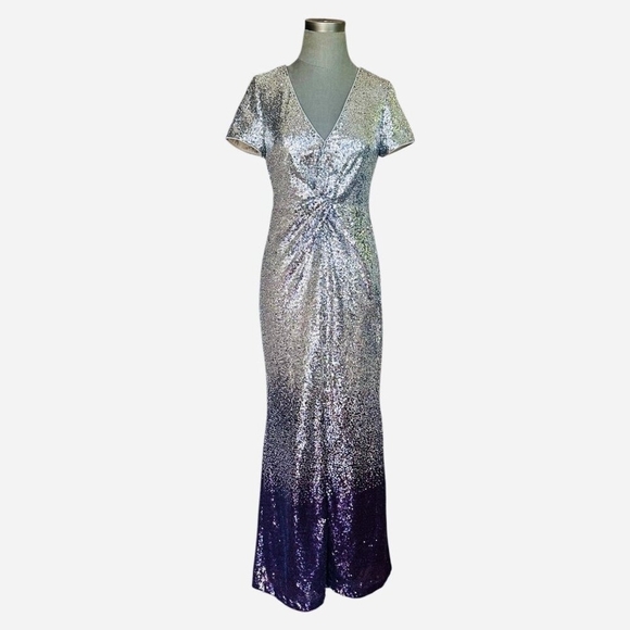 Calvin Klein Sequined Ombre Maxi Dress Silver Purple V-Neck Ball Gown Size 8 - Picture 3 of 9